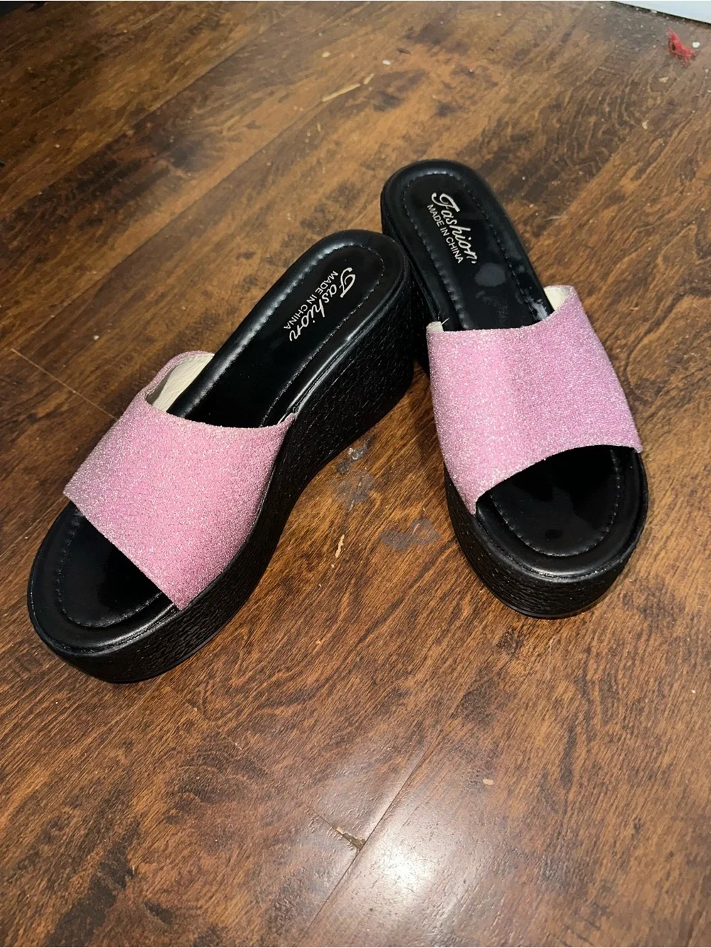 Women's Pink Glitter Platform Slide Sandals - Comfortable Black Sole